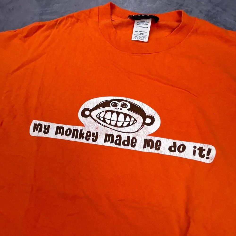 Vintage 90s Taboo My Monkey Made Me Do It Graphic T-Shirt Orange Distressed L